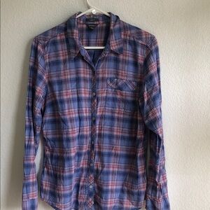 Eddie Bauer blue pink plaid button down shirt large
